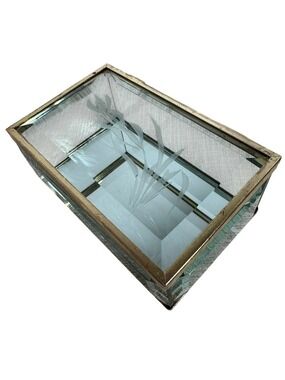 Vintage Beveled Glass Trinket Jewelry Box Etched Floral Brass Tone Flip Lid VGUC